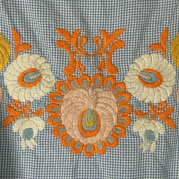 Zara Woman White Blue Gingham Check Print Floral Embroidered Tunic Top SZ Medium - Picture 6 of 11